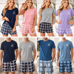 Personalized Line Drawing Photo Plaid Lounge Pajama Set with Text Father's Day Birthday Anniversary Gift for Woman Man Couple