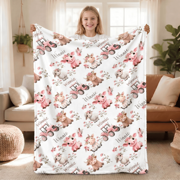Couverture douce et légère avec nom Animaux de dessins animés Personnalisée Douche de bébé Utilisation quotidienne Cadeau d'anniversaire pour bébé Nouveau parent
