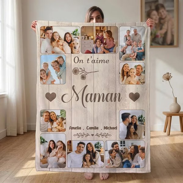 Couverture personnalisée avec nom photos et textes - Décoration de maison - Cadeau de fête des Mère et fête des Pères pour la famille