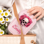 Personalized Birth Flower Skull PU Leather Jewelry Box with Name and LED Three-Color Adjustable Makeup Mirror Birthday Gift for Goth Enthusiast Girl