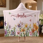 Personalized Multicolor Birth Flower Butterfly Soft Cozy Hooded Blanket with Name Daily Use Birthday Gift for Family Friend