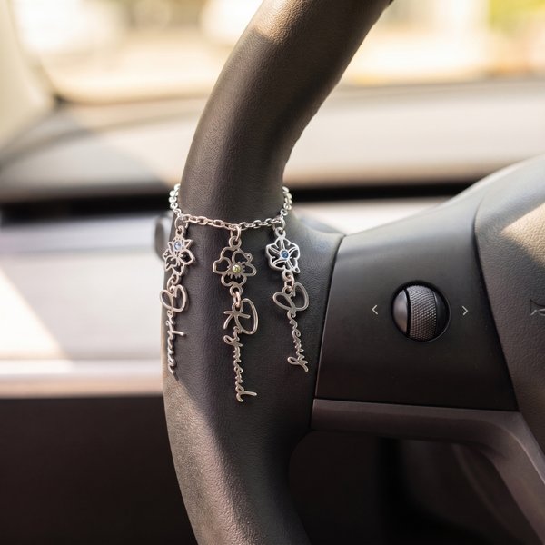 Personalised Birthstone Birth Flower Name Steering Wheel Charm Car Decor Birthday Gift for New Drivers Car Owners