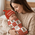 Personalized Sports Teddy Bear Polka Dot 100% Cotton Soft Swaddle Hat Set with Name Baby Shower Birthday Gift for Newborn New Parent