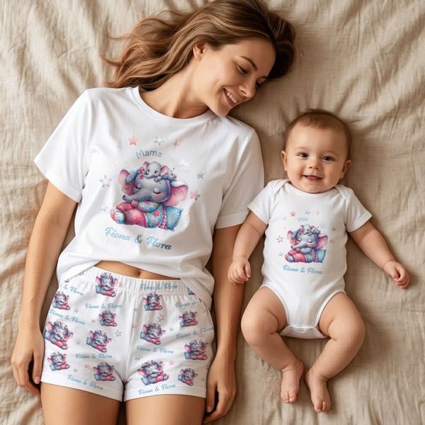 Personalised Cartoon Animal Mom Baby Comfortable Baby Bodysuit Adult Pyjama Set with Names Daily Wear Mother's Day Baby Shower Gift for Baby Mom