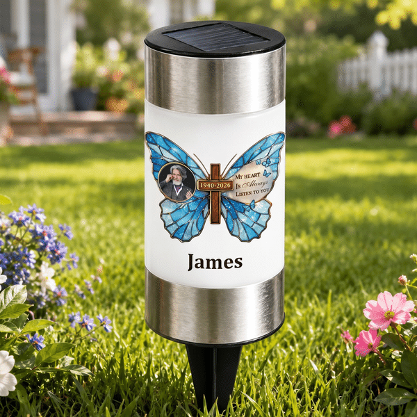 Personalized Multicolor Butterfly Cross Photo Solar Garden Light with Name Garden Decor Sympathy Gift for Family Loss of Dad Mom