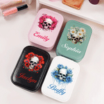 Personalized Birth Flower Skull PU Leather Jewelry Box with Name and LED Three-Color Adjustable Makeup Mirror Birthday Gift for Goth Enthusiast Girl