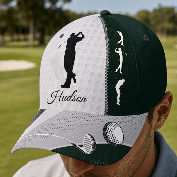 Personalisierte Golf Swing Silhouette Multicolor Baseballmütze mit Namen Vatertag Spiel Tag Geburtstagsgeschenk für Golfliebhaber