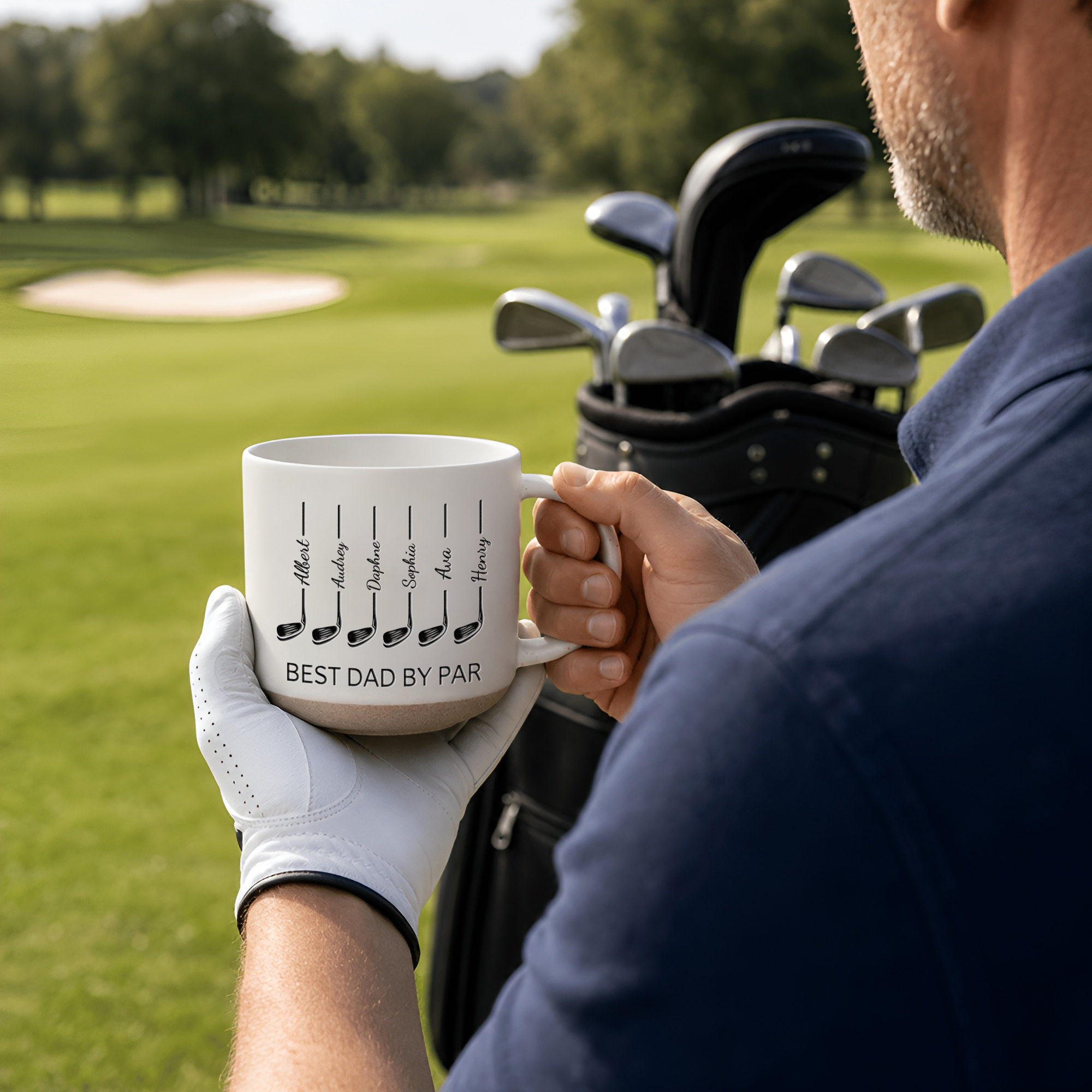 Personalisierte Best Dad von Par Golf Club Design elegante Keramik-Kaffeebecher mit Familiennamen Vatertag Geburtstag Geschenk für Papa Opa Golfer
