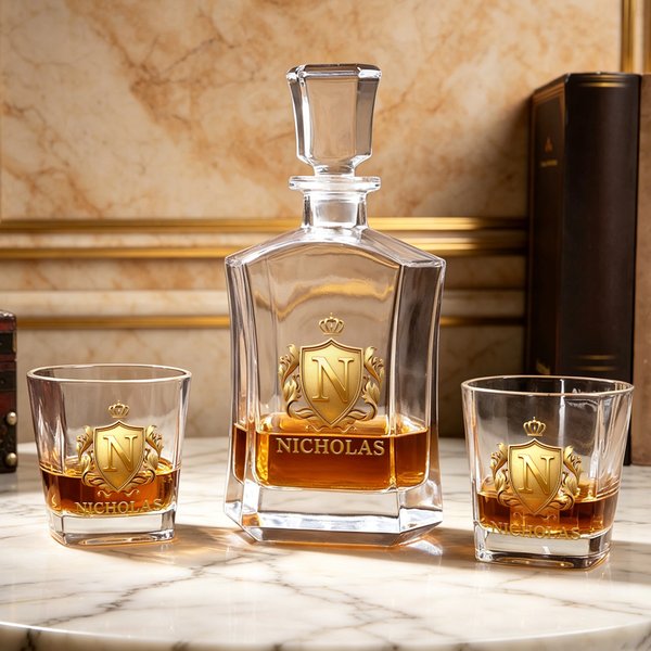 Personalized Golden Crown Shield Initial Hexagonal Decanter with Name Birthday Anniversary Gift for Men Whiskey Lovers