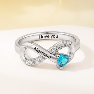 Personalized Infinity Sign Heart Birthstone Sterling Silver Ring with Engraved Name Engagement Wedding Gift for Her