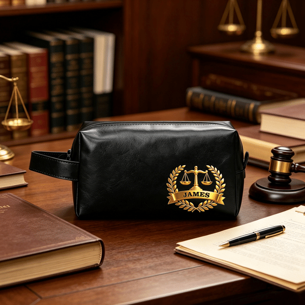 Spersonalizowana skórzana kosmetyczka The Scales of Justice z imieniem i nazwiskiem Akcesoria podróżne Prezent urodzinowy dla mężczyzn Prawnicy
