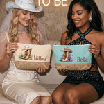 Personalised Birth Flower Cowboy Boots Canvas Linen Patchwork Makeup Bag with Name Bachelorette Party Wedding Gift for Bridesmaid Bride