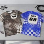 T-shirt personnalisé multicolore avec nom et numéro de voiture de course Cadeau d'anniversaire pour les amoureux de la course automobile