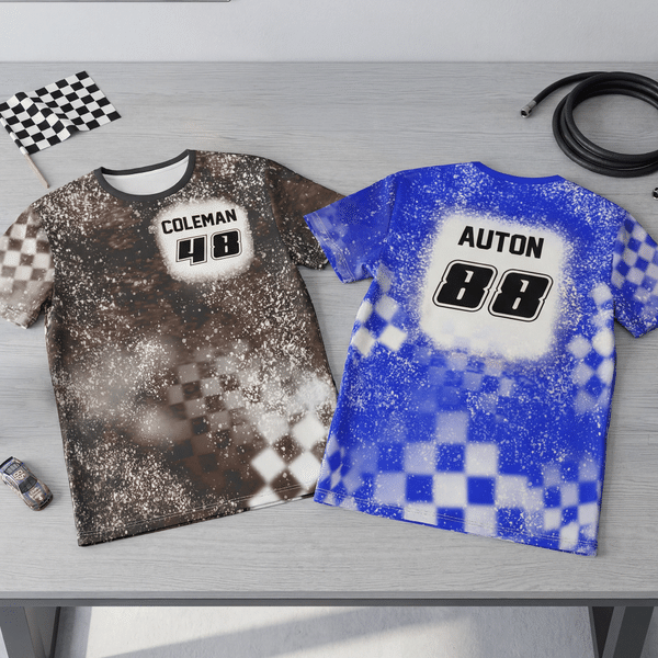 T-shirt personnalisé multicolore avec nom et numéro de voiture de course Cadeau d'anniversaire pour les amoureux de la course automobile