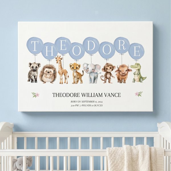 Personalised Watercolour Animals Balloons Canvas Prints with Name Warm Nursery Decor Ship from USA Baby Shower Birthday Gift for Newborns New Parents