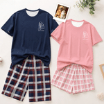 Personalized Line Drawing Photo Plaid Lounge Pajama Set with Text Father's Day Birthday Anniversary Gift for Woman Man Couple