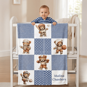Personalized Sports Teddy Bear Soft Throw Blanket with Name Nursery Decor Baby Shower Gift for Baby Boys Toddlers