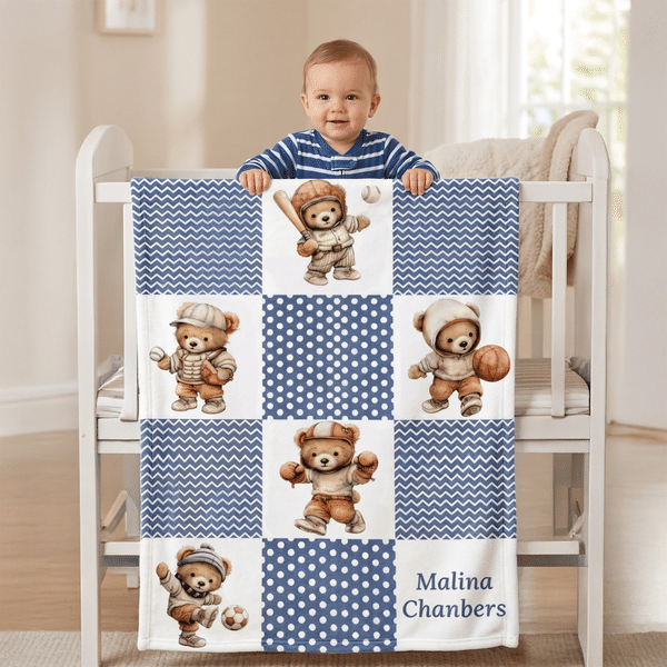 Personalisierte Sport Teddybär weiche Decke mit Namen Kinderzimmer Dekoration Baby Dusche Geschenk für Baby Jungen Kleinkinder