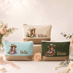Personalised Birth Flower Cowboy Boots Canvas Linen Patchwork Makeup Bag with Name Bachelorette Party Wedding Gift for Bridesmaid Bride