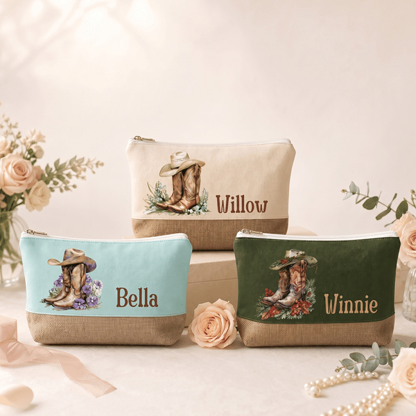 Personalised Birth Flower Cowboy Boots Canvas Linen Patchwork Makeup Bag with Name Bachelorette Party Wedding Gift for Bridesmaid Bride