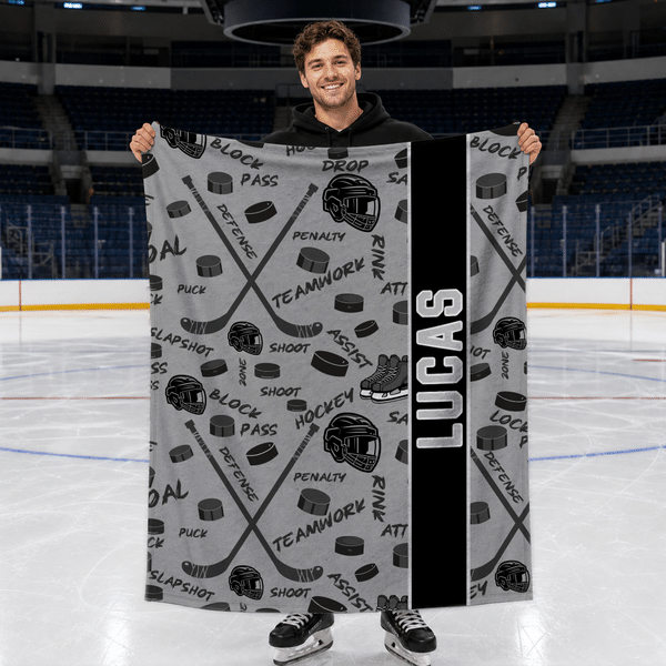 Personalisierte Eishockeyschläger Muster weiche Decke mit Namen nach Hause verwenden Spiel Nacht Geburtstag Geschenk für Kinder Erwachsene Eishockey-Liebhaber