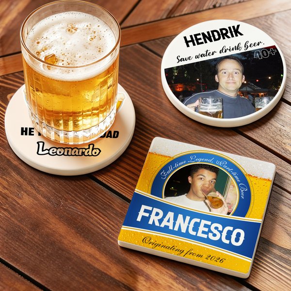 Cerveza Personalizada Foto Cuadrado Redondo Posavasos de Cerámica con Nombre Número y Texto Café Bar Decoración del Hogar Cumpleaños Regalo para la Familia Amigo