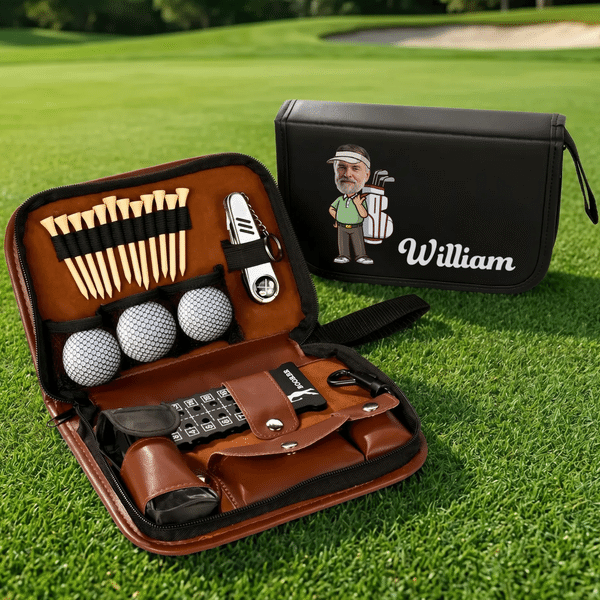 Personalised Cartoon Character Face Photo Golf Organizer Pouch and Golf Tools Set with Name Daily Use Father's Day Birthday Gift for Golf Lovers