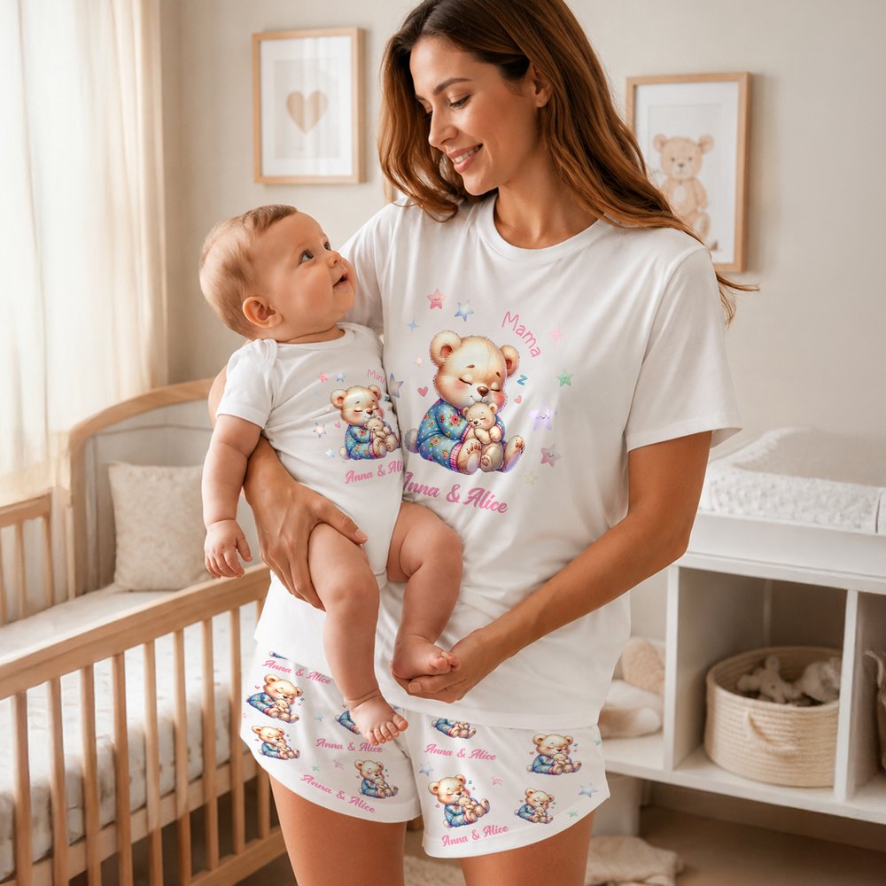 Personalized Cartoon Animal Mom Baby Comfortable Baby Bodysuit Adult Pajama Set with Names Daily Wear Mother's Day Baby Shower Gift for Baby Mom 3