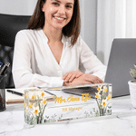 Personalized Birth Flower Clear Acrylic Name Plate with Text Desk Decor Birthday Thank You Gift for Coworkers Teachers