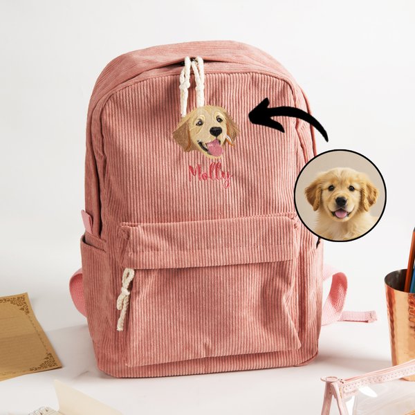 Personalized Cute Embroidered Pet Photo Corduroy Kid Backpack with Name Back to School Birthday Gift for Kids Pet Lovers