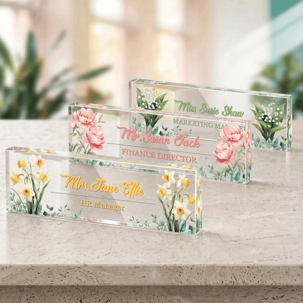 Personalisierte Geburt Blume klar Acryl Namensschild mit Text Desk Decor Geburtstag Danke Geschenk für Mitarbeiter Lehrer