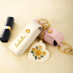 Personalised Birth Flower PU Leather Lipstick Case Keychain with Name and Heart-Shaped Mirror Anniversary Birthday Gift for Women