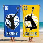 Personalized Volleyball Player Silhouette Quick Dry Oversized Beach Towel with Name and Number Pool Party Birthday Gift for Volleyball Lover