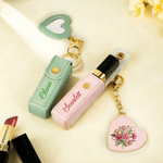 Personalised Birth Flower PU Leather Lipstick Case Keychain with Name and Heart-Shaped Mirror Anniversary Birthday Gift for Women