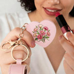 Personalised Birth Flower PU Leather Lipstick Case Keychain with Name and Heart-Shaped Mirror Anniversary Birthday Gift for Women