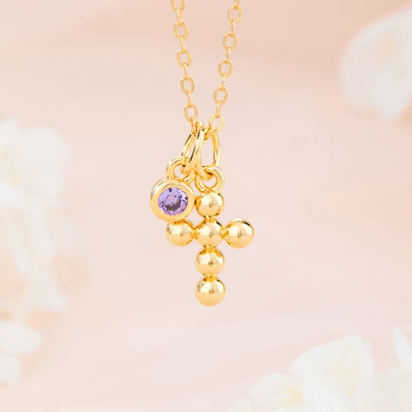 Personalised Beaded Cross Birthstone Necklace Dainty Jewellery Religious Birthday Gift for Christians Women