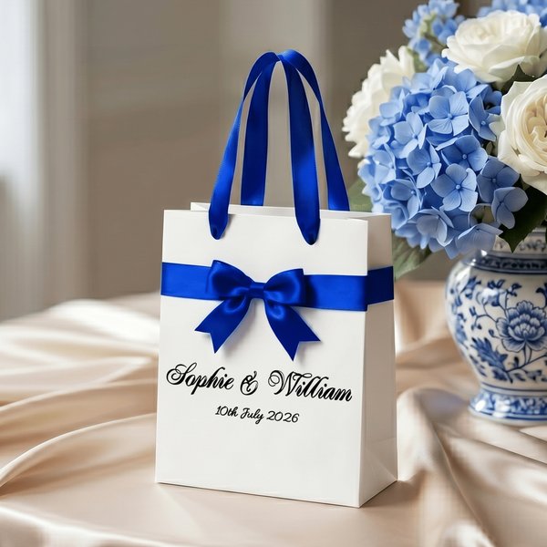 Personalized Wedding Blue Bow Ribbon Gift Bag with Couple Name and Date Wedding Reception Party Gift for Guest