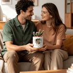 Personalized Photo Ring Ceramic Plant Pot with Name Text and Bamboo Base Wedding Anniversary Gift for Engagement Couple