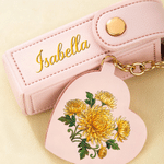 Personalised Birth Flower PU Leather Lipstick Case Keychain with Name and Heart-Shaped Mirror Anniversary Birthday Gift for Women