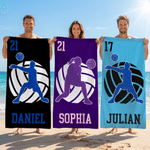 Personalized Volleyball Player Silhouette Quick Dry Oversized Beach Towel with Name and Number Pool Party Birthday Gift for Volleyball Lover
