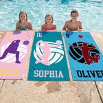 Personalized Volleyball Player Silhouette Quick Dry Oversized Beach Towel with Name and Number Pool Party Birthday Gift for Volleyball Lover