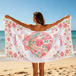 Personalized Pink Folk Art Marine Animals Quick Dry Oversized Beach Towel with Drawstring Bag and Name Beach Party Summer Vacation Gift for Woman