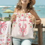 Personalized Pink Folk Art Marine Animals Quick Dry Oversized Beach Towel with Drawstring Bag and Name Beach Party Summer Vacation Gift for Woman