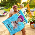 Personalized Vacation Style Cartoon Character Soft Quick Dry Beach Towel with Name and Drawing Backpack Summer Holiday Party Birthday Gift for Women