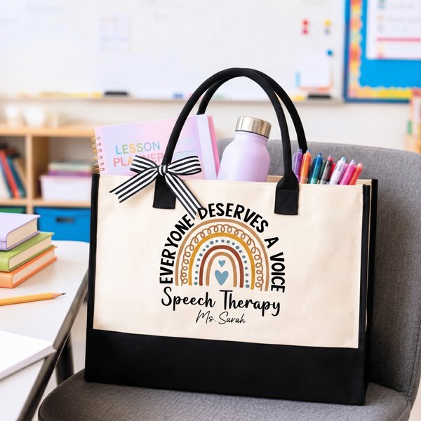 Personalised Rainbow Heart Speech Therapy Theme Large Tote Bag with Title & Surname Daily Use Appreciation Gift for Speech Therapist