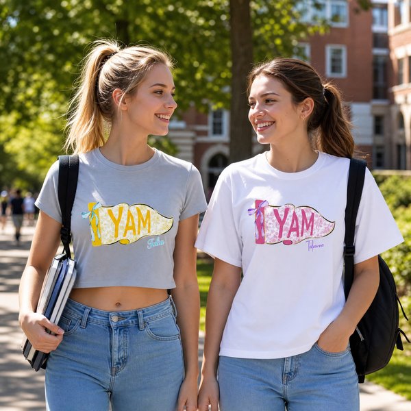 Personalised Multicolor Floral Bow Pennant Crop Top T-shirt with School Abbreviation and Name Daily Wear Graduation Ceremony Gift for Students