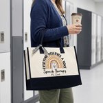 Personalised Rainbow Heart Speech Therapy Theme Large Tote Bag with Title & Surname Daily Use Appreciation Gift for Speech Therapist