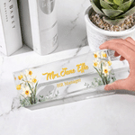 Personalized Birth Flower Clear Acrylic Name Plate with Text Desk Decor Birthday Thank You Gift for Coworkers Teachers