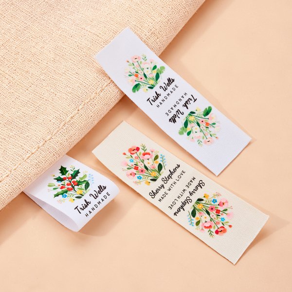 Personalised Watercolor Birth Flower 100% Cotton 50 Pcs Sewing Label with Name and Text Birthday Gift for Knitting Lover DIY Craft Lover