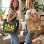 Gepersonaliseerde Geboorte Bloemen Naam Corduroy Grote Capaciteit Corduroy Tote Bag met Ritssluiting en Front Pocket Dagelijks Gebruik Verjaardag Reiscadeau voor Haar